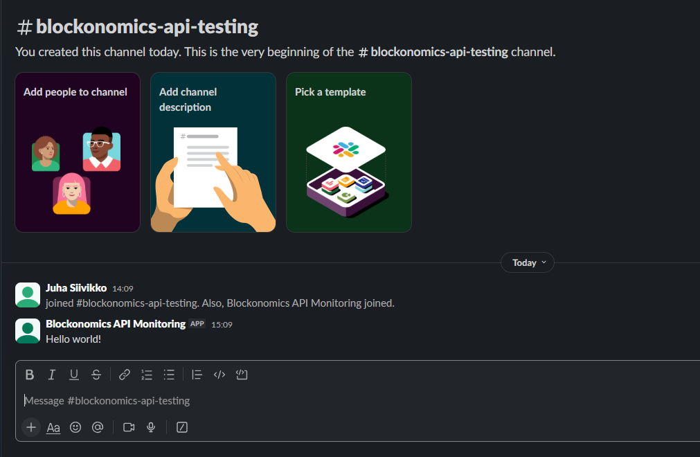 Our bot sending a greeting to our channel